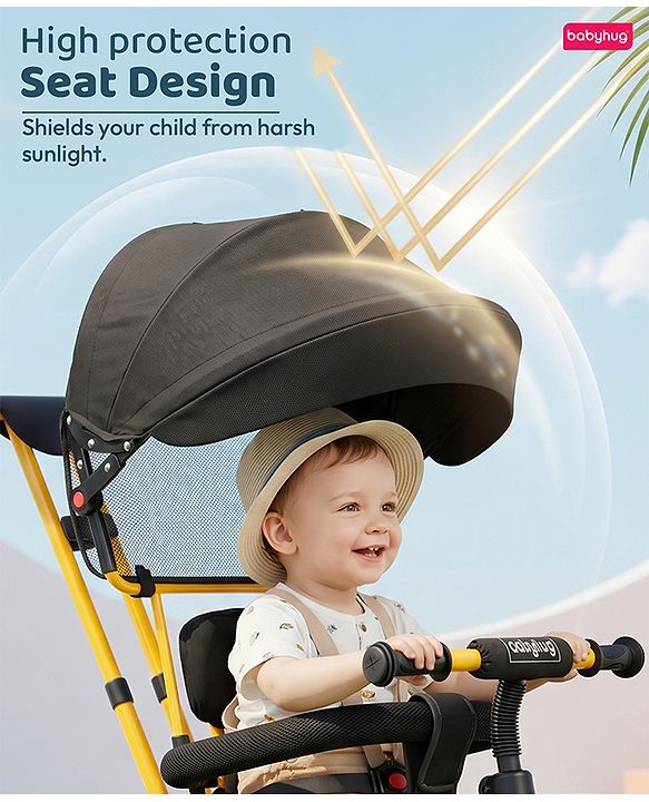 Babyhug AeroGlide 3-in-1 Tricycle with 360° Swivel Seat - Orange| Light & Music| Parent Push Handle| Adjustable Canopy| Puncture-Proof Rubber Wheels| Storage Baskets| Footrest- Yellow