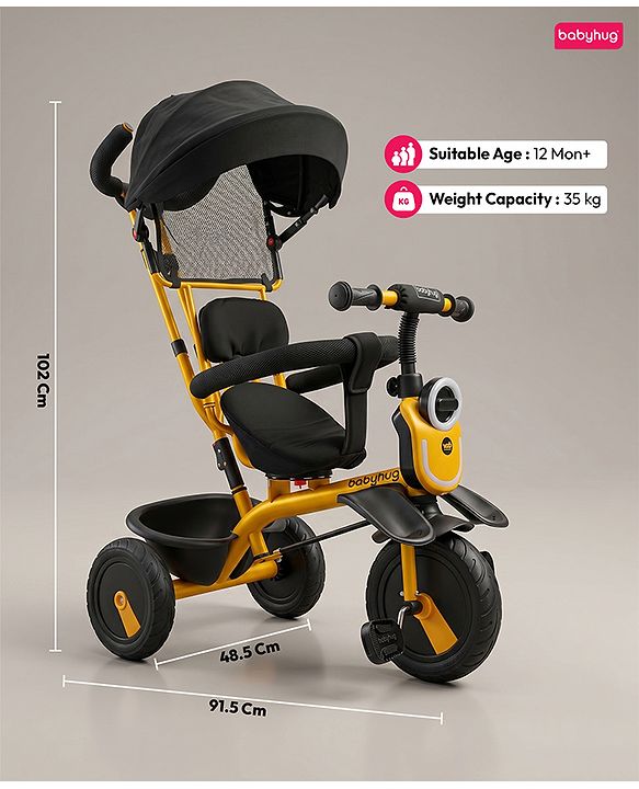 Babyhug AeroGlide 3-in-1 Tricycle with 360° Swivel Seat - Orange| Light & Music| Parent Push Handle| Adjustable Canopy| Puncture-Proof Rubber Wheels| Storage Baskets| Footrest- Yellow