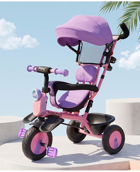 Babyhug AeroGlide 3-in-1 Tricycle with 360° Swivel Seat - Orange| Light & Music| Parent Push Handle| Adjustable Canopy| Puncture-Proof Rubber Wheels| Storage Baskets| Footrest- Yellow