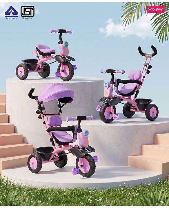 Babyhug AeroGlide 3-in-1 Tricycle with 360° Swivel Seat - Orange| Light & Music| Parent Push Handle| Adjustable Canopy| Puncture-Proof Rubber Wheels| Storage Baskets| Footrest- Yellow
