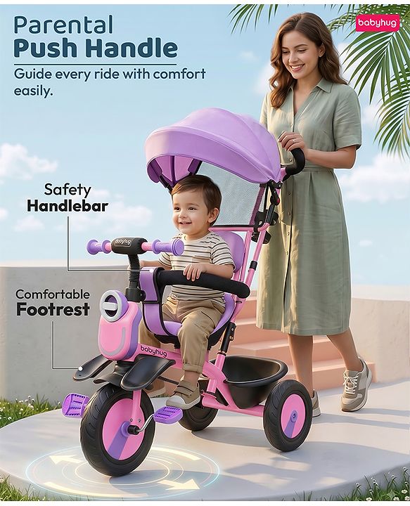 Babyhug AeroGlide 3-in-1 Tricycle with 360° Swivel Seat - Orange| Light & Music| Parent Push Handle| Adjustable Canopy| Puncture-Proof Rubber Wheels| Storage Baskets| Footrest- Yellow