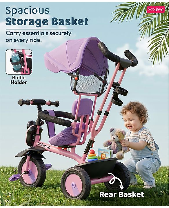 Babyhug AeroGlide 3-in-1 Tricycle with 360° Swivel Seat - Orange| Light & Music| Parent Push Handle| Adjustable Canopy| Puncture-Proof Rubber Wheels| Storage Baskets| Footrest- Yellow