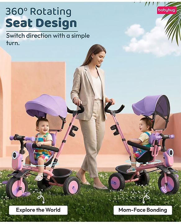 Babyhug AeroGlide 3-in-1 Tricycle with 360° Swivel Seat - Orange| Light & Music| Parent Push Handle| Adjustable Canopy| Puncture-Proof Rubber Wheels| Storage Baskets| Footrest- Yellow