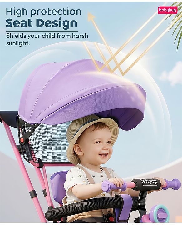 Babyhug AeroGlide 3-in-1 Tricycle with 360° Swivel Seat - Orange| Light & Music| Parent Push Handle| Adjustable Canopy| Puncture-Proof Rubber Wheels| Storage Baskets| Footrest- Yellow