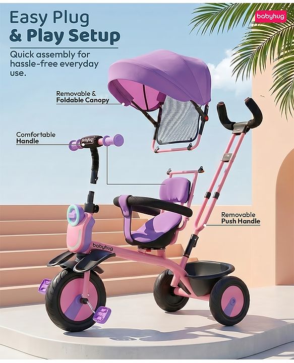 Babyhug AeroGlide 3-in-1 Tricycle with 360° Swivel Seat - Orange| Light & Music| Parent Push Handle| Adjustable Canopy| Puncture-Proof Rubber Wheels| Storage Baskets| Footrest- Yellow