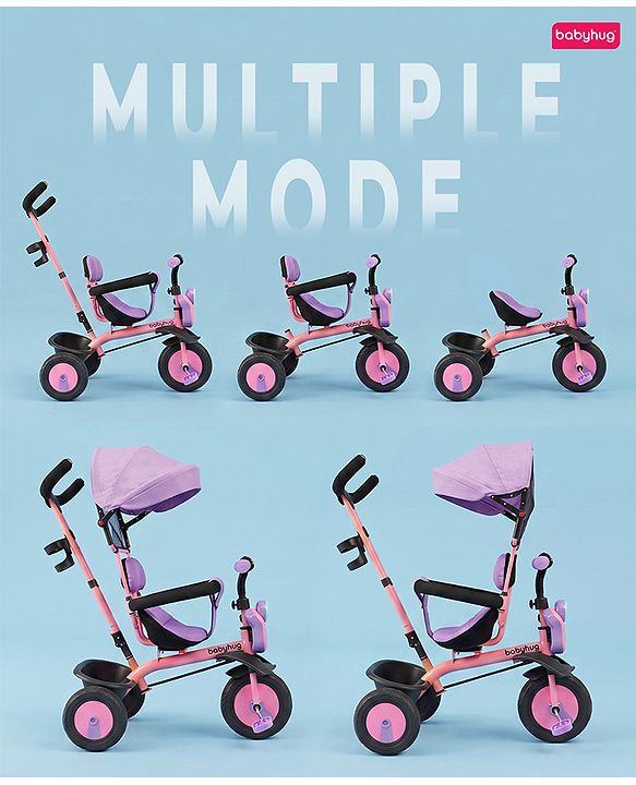 Babyhug AeroGlide 3-in-1 Tricycle with 360° Swivel Seat - Orange| Light & Music| Parent Push Handle| Adjustable Canopy| Puncture-Proof Rubber Wheels| Storage Baskets| Footrest- Yellow