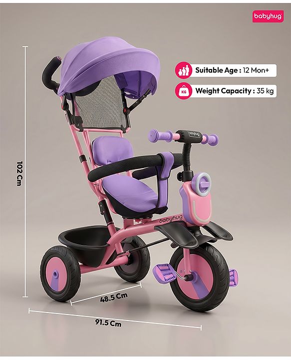 Babyhug AeroGlide 3-in-1 Tricycle with 360° Swivel Seat - Orange| Light & Music| Parent Push Handle| Adjustable Canopy| Puncture-Proof Rubber Wheels| Storage Baskets| Footrest- Yellow
