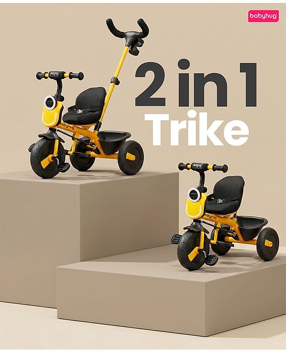 Babyhug AeroGlide 2-in-1 Tricycle - Yellow| Light & Music| Parent Push Handle| Adjustable Canopy| Puncture-Proof Rubber Wheels| Storage Baskets- Yellow