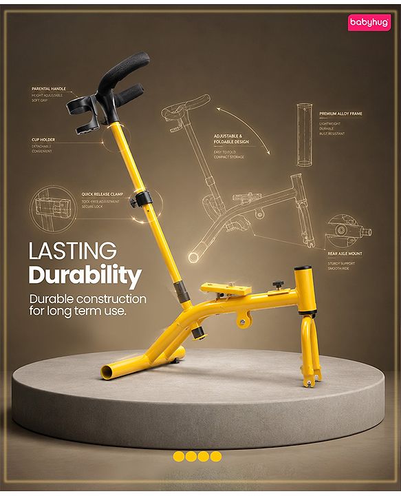 Babyhug AeroGlide 2-in-1 Tricycle - Yellow| Light & Music| Parent Push Handle| Adjustable Canopy| Puncture-Proof Rubber Wheels| Storage Baskets- Yellow