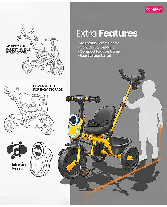 Babyhug AeroGlide 2-in-1 Tricycle - Yellow| Light & Music| Parent Push Handle| Adjustable Canopy| Puncture-Proof Rubber Wheels| Storage Baskets- Yellow