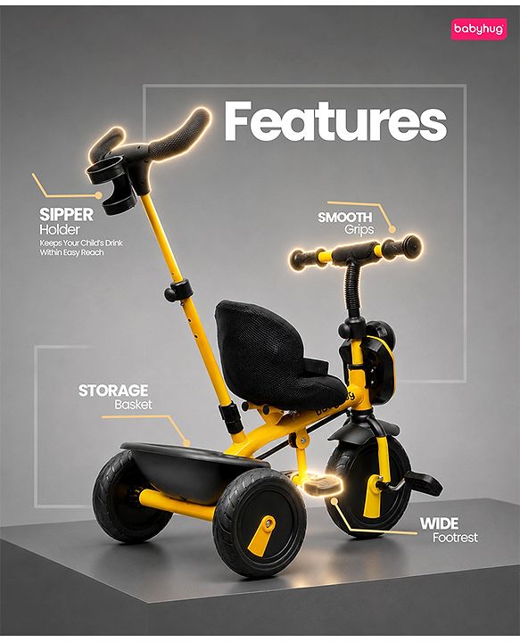 Babyhug AeroGlide 2-in-1 Tricycle - Yellow| Light & Music| Parent Push Handle| Adjustable Canopy| Puncture-Proof Rubber Wheels| Storage Baskets- Yellow