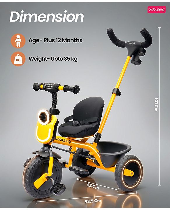 Babyhug AeroGlide 2-in-1 Tricycle - Yellow| Light & Music| Parent Push Handle| Adjustable Canopy| Puncture-Proof Rubber Wheels| Storage Baskets- Yellow