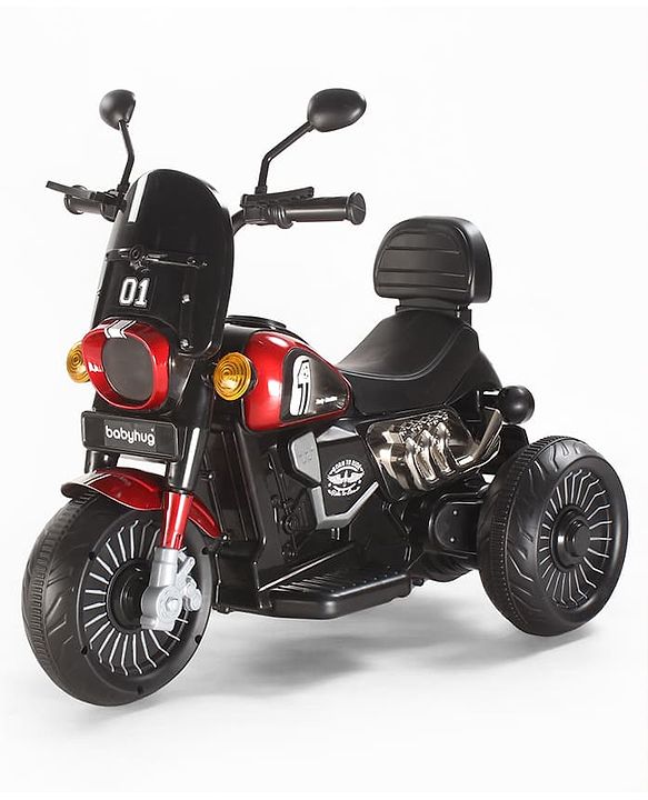 Babyhug Three Wheel Battery Operated Ride On Bike with Music & Lights - Black Red| Foot Pedal Accelerator| Forward & Reverse Drive| Rechargeable Battery| 2 to 6 Years| Aux Music| easy to Assemble