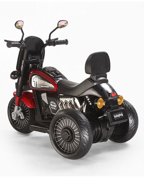 Babyhug Three Wheel Battery Operated Ride On Bike with Music & Lights - Black Red| Foot Pedal Accelerator| Forward & Reverse Drive| Rechargeable Battery| 2 to 6 Years| Aux Music| easy to Assemble