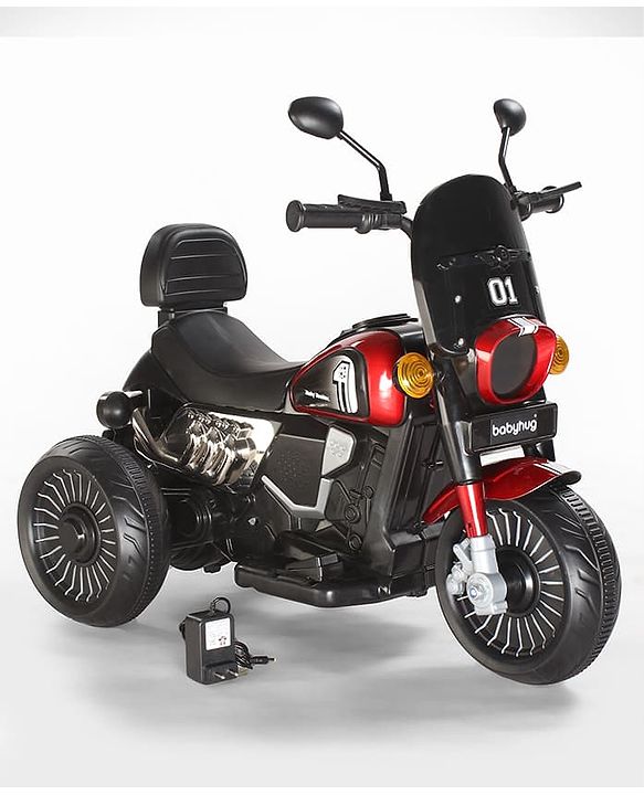 Babyhug Three Wheel Battery Operated Ride On Bike with Music & Lights - Black Red| Foot Pedal Accelerator| Forward & Reverse Drive| Rechargeable Battery| 2 to 6 Years| Aux Music| easy to Assemble