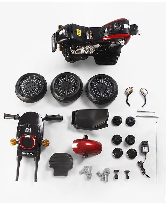 Babyhug Three Wheel Battery Operated Ride On Bike with Music & Lights - Black Red| Foot Pedal Accelerator| Forward & Reverse Drive| Rechargeable Battery| 2 to 6 Years| Aux Music| easy to Assemble