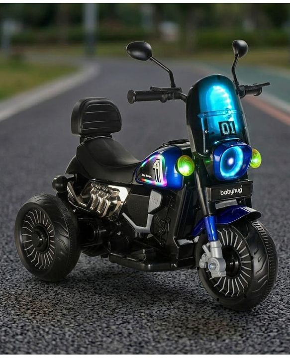 Babyhug Three Wheel Battery Operated Ride On Bike with Music & Lights - Black Red| Foot Pedal Accelerator| Forward & Reverse Drive| Rechargeable Battery| 2 to 6 Years| Aux Music| easy to Assemble