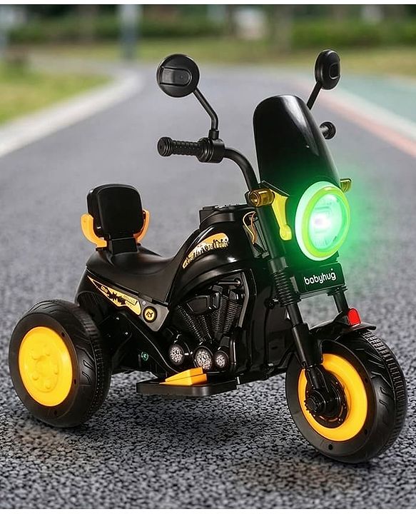 Babyhug Three Wheel Battery Operated Ride On Bike with Music & Lights - Black Yellow| Foot Pedal Accelerator| Forward & Reverse Drive| Rechargeable Battery| 2 to 6 Years| Aux Music| easy to Assemble