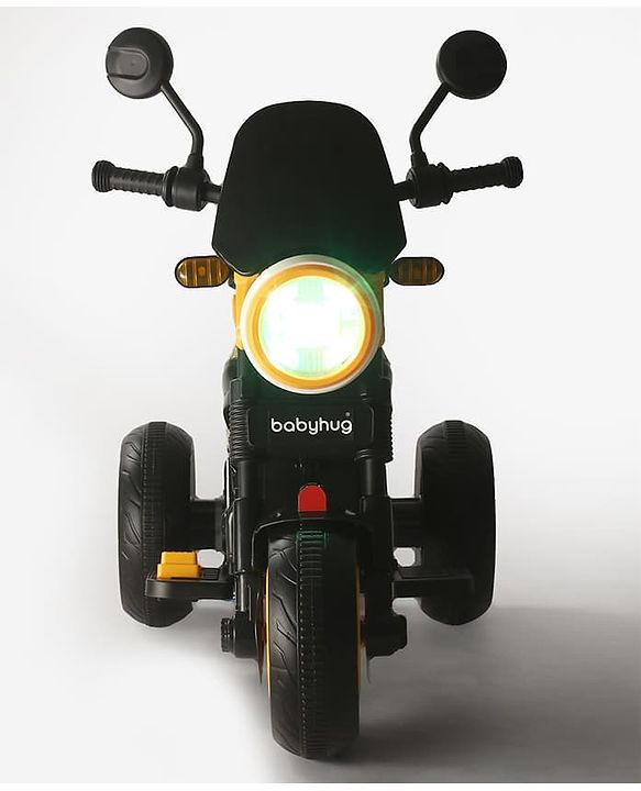 Babyhug Three Wheel Battery Operated Ride On Bike with Music & Lights - Black Yellow| Foot Pedal Accelerator| Forward & Reverse Drive| Rechargeable Battery| 2 to 6 Years| Aux Music| easy to Assemble