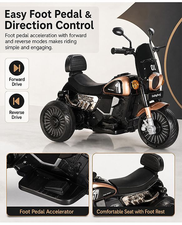 Babyhug Three Wheel Battery Operated Ride On Bike with Music & Lights - Black Yellow| Foot Pedal Accelerator| Forward & Reverse Drive| Rechargeable Battery| 2 to 6 Years| Aux Music| easy to Assemble