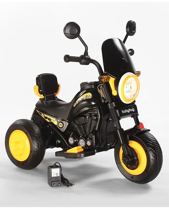 Babyhug Three Wheel Battery Operated Ride On Bike with Music & Lights - Black Yellow| Foot Pedal Accelerator| Forward & Reverse Drive| Rechargeable Battery| 2 to 6 Years| Aux Music| easy to Assemble