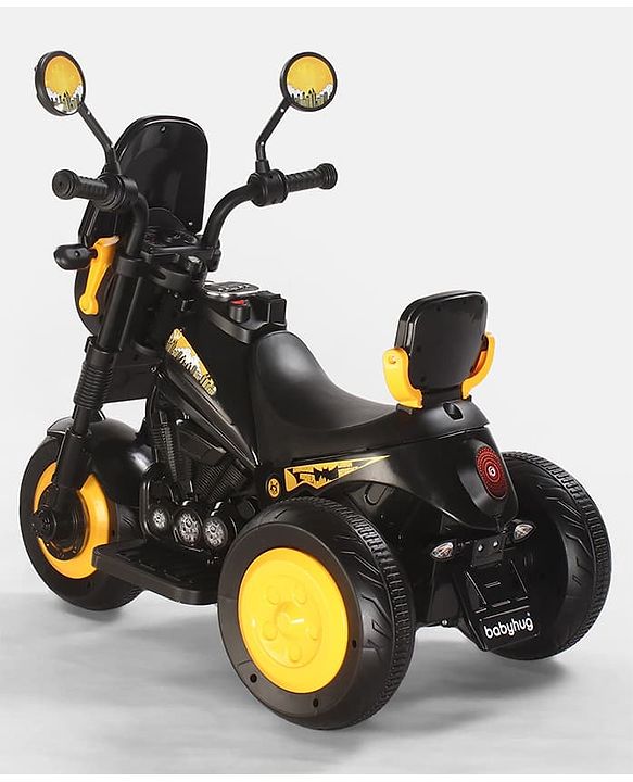 Babyhug Three Wheel Battery Operated Ride On Bike with Music & Lights - Black Yellow| Foot Pedal Accelerator| Forward & Reverse Drive| Rechargeable Battery| 2 to 6 Years| Aux Music| easy to Assemble