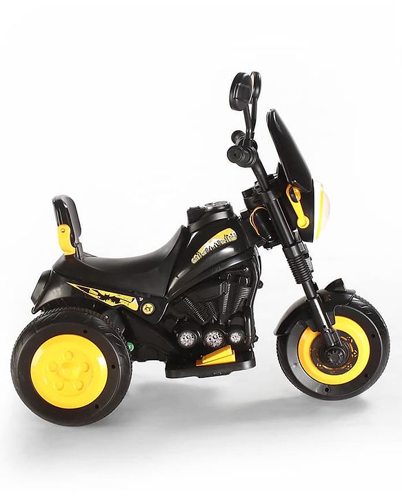 Babyhug Three Wheel Battery Operated Ride On Bike with Music & Lights - Black Yellow| Foot Pedal Accelerator| Forward & Reverse Drive| Rechargeable Battery| 2 to 6 Years| Aux Music| easy to Assemble