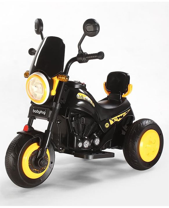 Babyhug Three Wheel Battery Operated Ride On Bike with Music & Lights - Black Yellow| Foot Pedal Accelerator| Forward & Reverse Drive| Rechargeable Battery| 2 to 6 Years| Aux Music| easy to Assemble