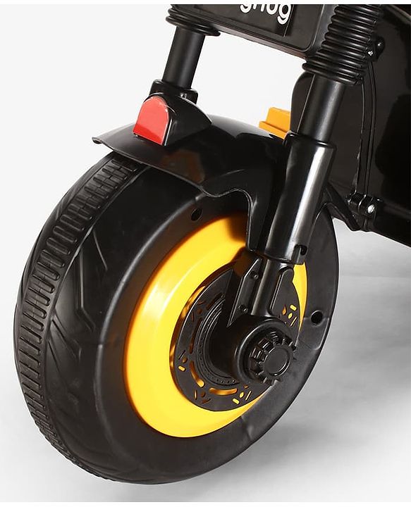 Babyhug Three Wheel Battery Operated Ride On Bike with Music & Lights - Black Yellow| Foot Pedal Accelerator| Forward & Reverse Drive| Rechargeable Battery| 2 to 6 Years| Aux Music| easy to Assemble