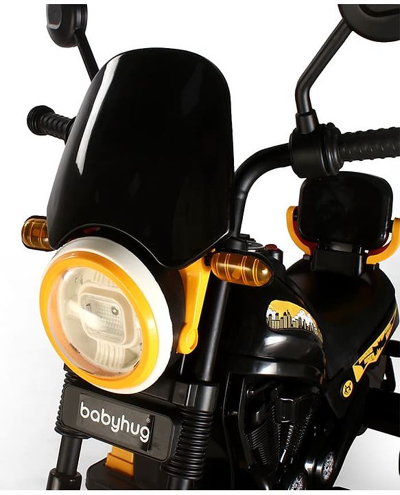 Babyhug Three Wheel Battery Operated Ride On Bike with Music & Lights - Black Yellow| Foot Pedal Accelerator| Forward & Reverse Drive| Rechargeable Battery| 2 to 6 Years| Aux Music| easy to Assemble
