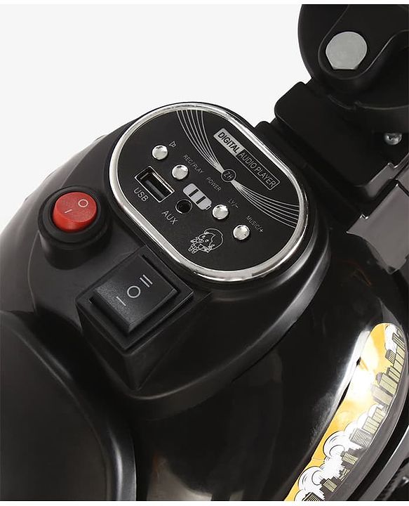 Babyhug Three Wheel Battery Operated Ride On Bike with Music & Lights - Black Yellow| Foot Pedal Accelerator| Forward & Reverse Drive| Rechargeable Battery| 2 to 6 Years| Aux Music| easy to Assemble
