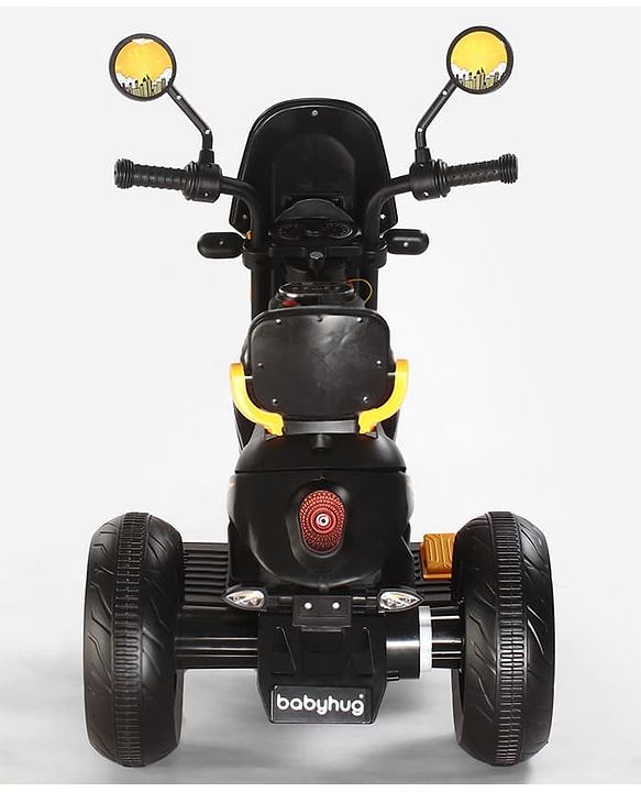 Babyhug Three Wheel Battery Operated Ride On Bike with Music & Lights - Black Yellow| Foot Pedal Accelerator| Forward & Reverse Drive| Rechargeable Battery| 2 to 6 Years| Aux Music| easy to Assemble