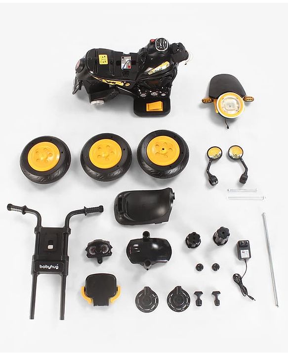Babyhug Three Wheel Battery Operated Ride On Bike with Music & Lights - Black Yellow| Foot Pedal Accelerator| Forward & Reverse Drive| Rechargeable Battery| 2 to 6 Years| Aux Music| easy to Assemble