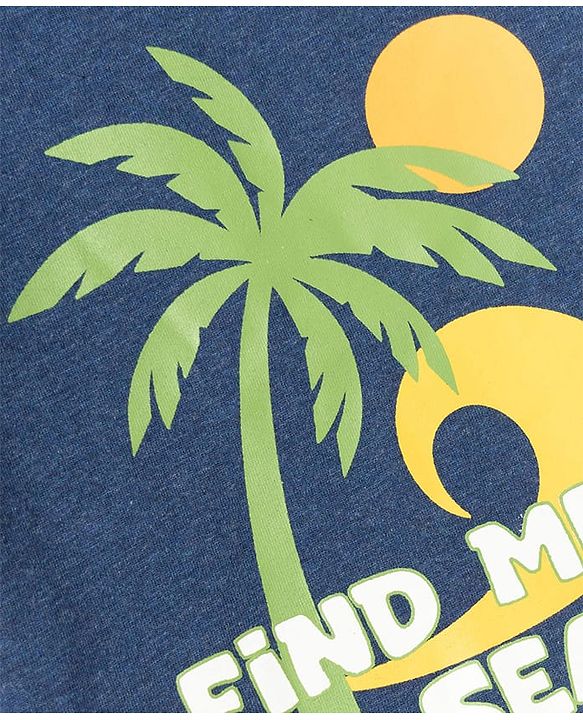 Babyhug Single Jersey Knit Half Sleeves T-Shirt & Shorts Set With Beach Theme Print - Navy Blue & Olive Green