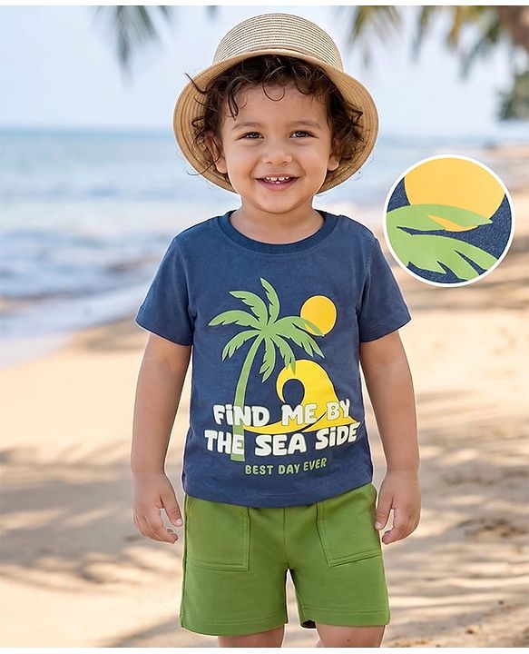 Babyhug Single Jersey Knit Half Sleeves T-Shirt & Shorts Set With Beach Theme Print - Navy Blue & Olive Green