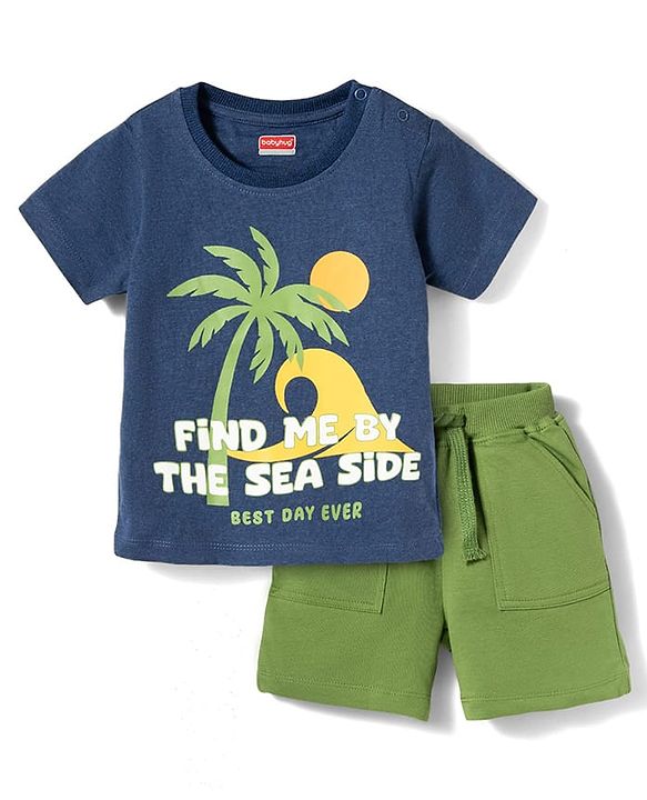 Babyhug Single Jersey Knit Half Sleeves T-Shirt & Shorts Set With Beach Theme Print - Navy Blue & Olive Green