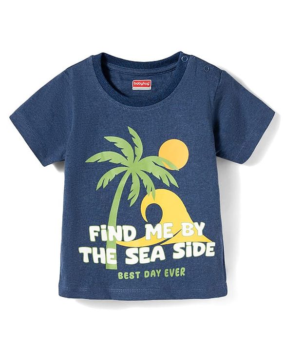 Babyhug Single Jersey Knit Half Sleeves T-Shirt & Shorts Set With Beach Theme Print - Navy Blue & Olive Green