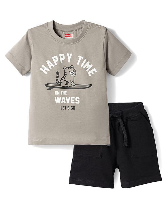 Babyhug Single Jersey Knit Half Sleeves T-Shirt & Shorts Set With Cat Print - Grey & Black
