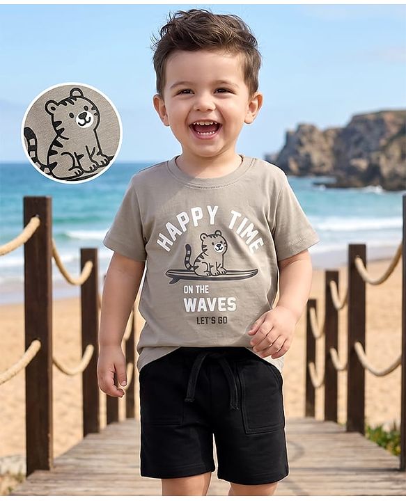 Babyhug Single Jersey Knit Half Sleeves T-Shirt & Shorts Set With Cat Print - Grey & Black