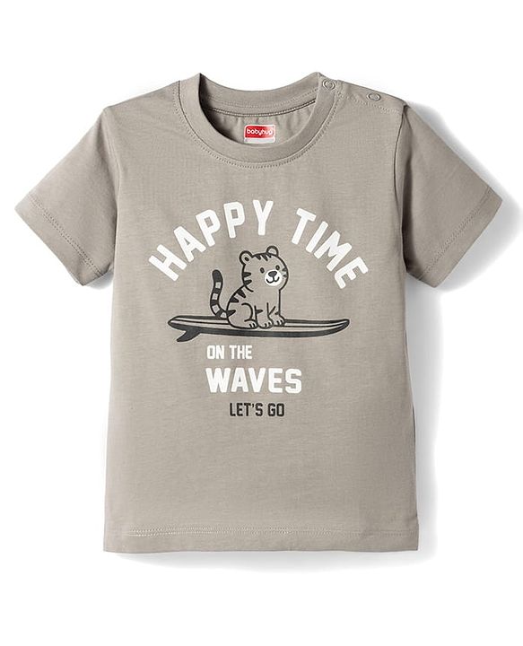 Babyhug Single Jersey Knit Half Sleeves T-Shirt & Shorts Set With Cat Print - Grey & Black