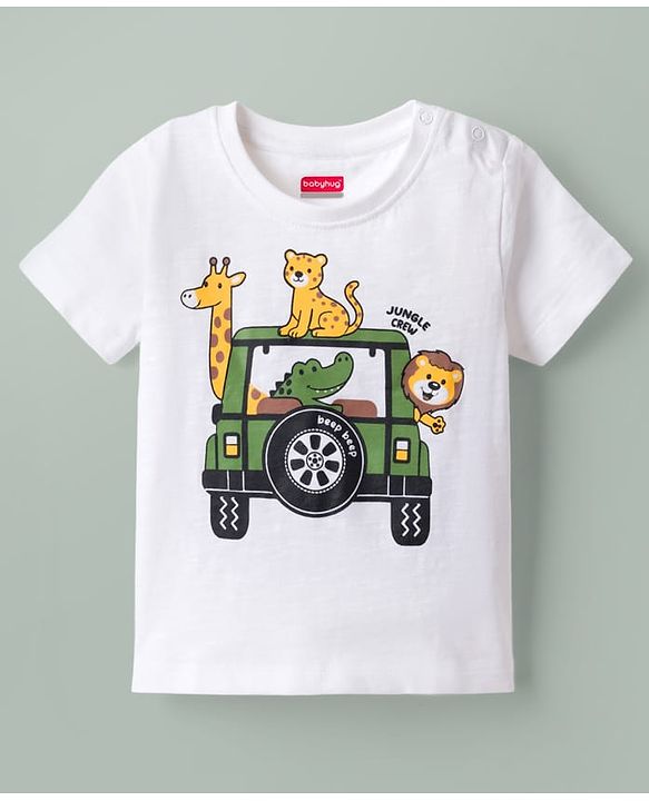 Babyhug Single Jersey Knit Half Sleeves T-Shirt & Shorts Set With Animal Print - White & Olive Green