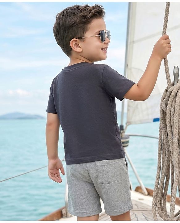 Babyhug Single Jersey Knit Half Sleeves T-Shirt & Shorts Set With Boat Print - Grey