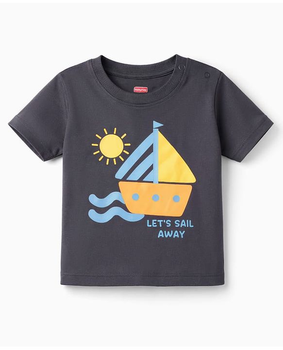 Babyhug Single Jersey Knit Half Sleeves T-Shirt & Shorts Set With Boat Print - Grey