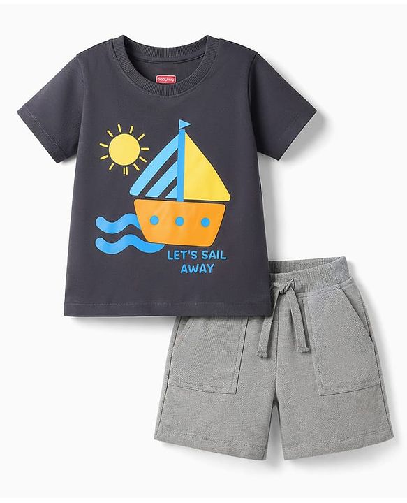 Babyhug Single Jersey Knit Half Sleeves T-Shirt & Shorts Set With Boat Print - Grey