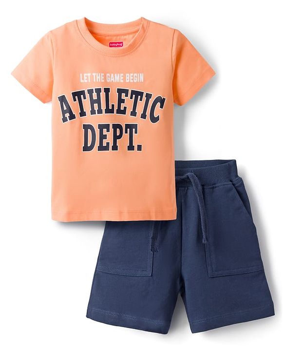 Babyhug Single Jersey Knit Half Sleeves T-Shirt & Shorts Set With Text Print - Peach
