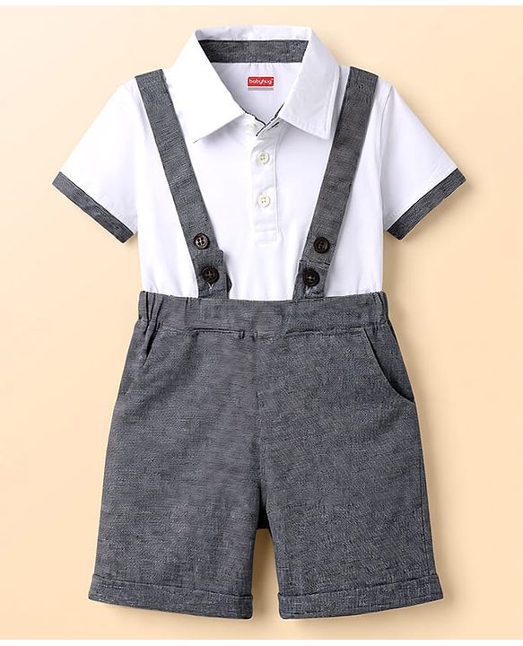 Babyhug Single Jersey Knit Half Sleeves Solid Polo T-Shirt & Shorts Set - White & Grey