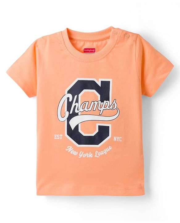 Babyhug Single Jersey Knit Half Sleeves T-Shirt & Denim Shorts Set With Text Print - Peach & Blue