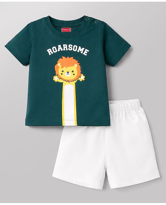 Babyhug Single Jersey Knit Half Sleeves T-Shirt & Shorts Set with Lion Print - Green & White