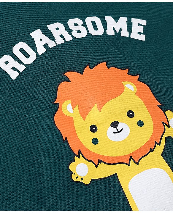Babyhug Single Jersey Knit Half Sleeves T-Shirt & Shorts Set with Lion Print - Green & White