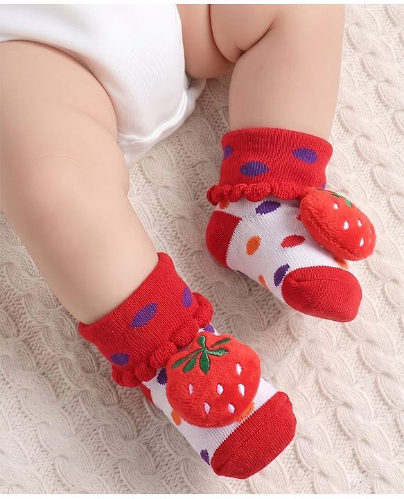 Cute Walk by Babyhug Fabric Ankle Length Socks Shoes with Polka Dots Design & Strawberry Applique- Red & White
